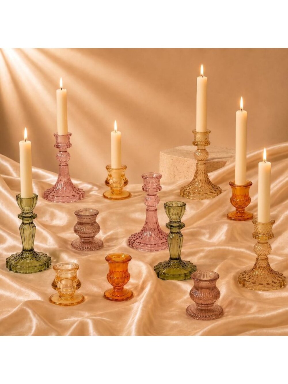 Vintage Glass Taper Candle Holders Set - 6 Colors & Patterns for Fall Decor